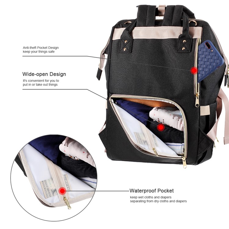 DOKOCLUB Multi-functional Oxford Cloth Mommy Bag Backpack with 2 Insulation Feeding Bottle Pockets - Black-3