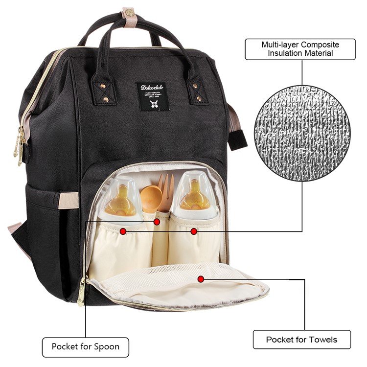 DOKOCLUB Multi-functional Oxford Cloth Mommy Bag Backpack with 2 Insulation Feeding Bottle Pockets - Black-5