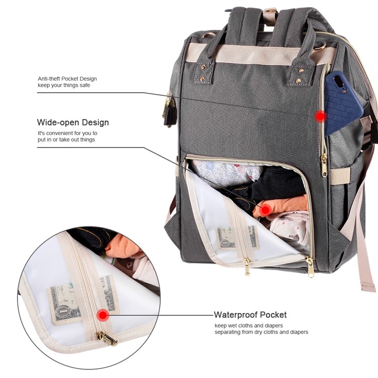 DOKOCLUB Large Capacity Oxford Cloth Mommy Maternity Nappy Backpack with 2 Insulation Feeding Bottle Pockets - Grey-3
