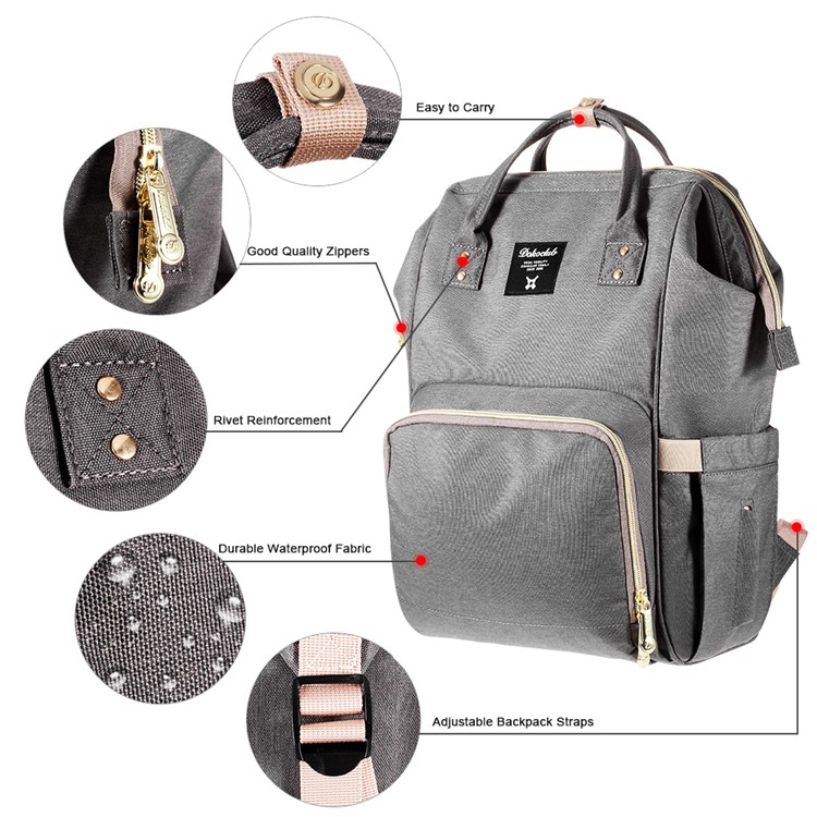 DOKOCLUB Large Capacity Oxford Cloth Mommy Maternity Nappy Backpack with 2 Insulation Feeding Bottle Pockets - Grey-4