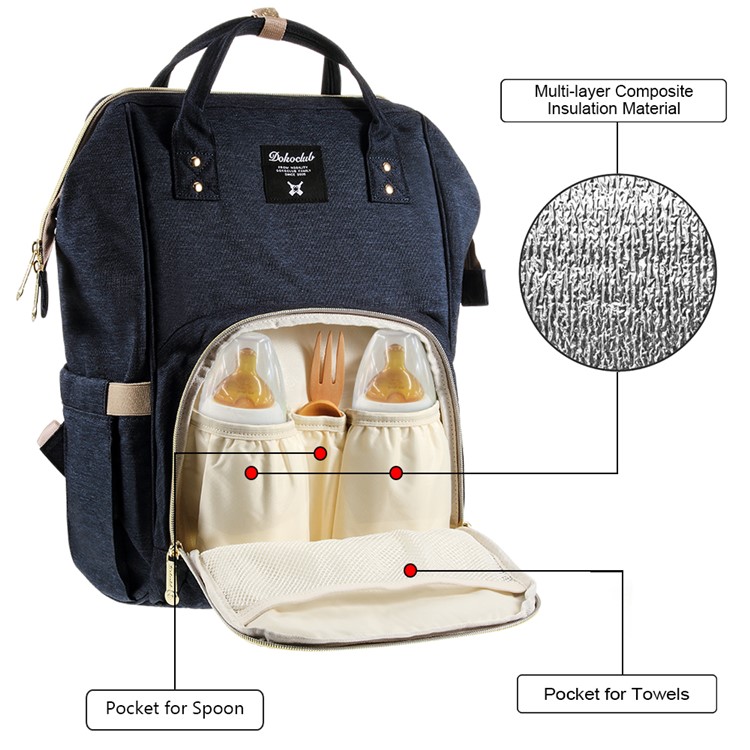 DOKOCLUB Multi-funcional Oxford Pano Mommy Saco Mochila Com 2 Isolamento Garrafa De Alimentação Bolsos - Azul Escuro-5