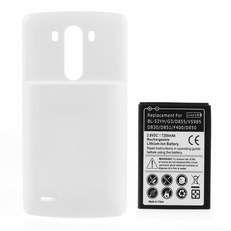Replacement 7200mAh Extended Battery + Back Cover Replacement for LG G3 D850 D855 LS990 - White-1