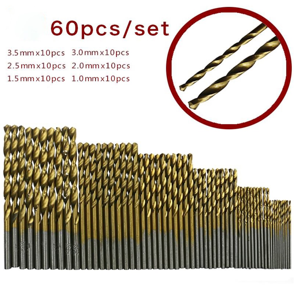 60pcs/paquete de Alta Velocidad HSS Titanium Twist Bitad Bit Set Metric System 1.0-3.5 mm