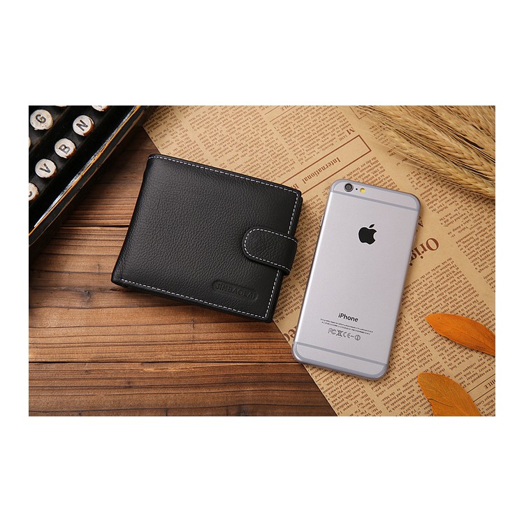 Men's Bi-fold Litchi Skin Cowhide Leather Wallet Purse - Black-4