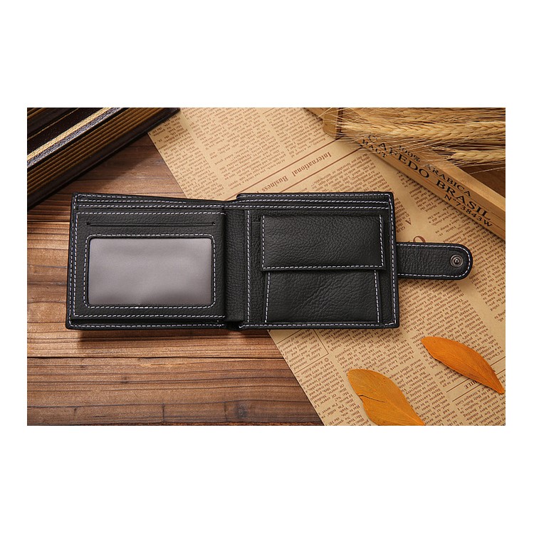 Men's Bi-fold Litchi Skin Cowhide Leather Wallet Purse - Black-5