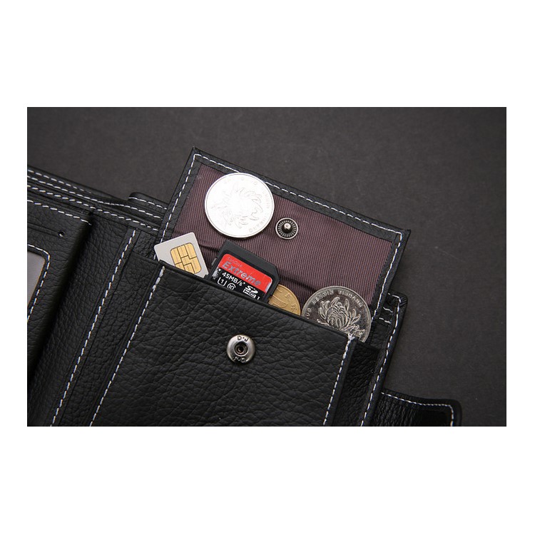 Men's Bi-fold Litchi Skin Cowhide Leather Wallet Purse - Black-7