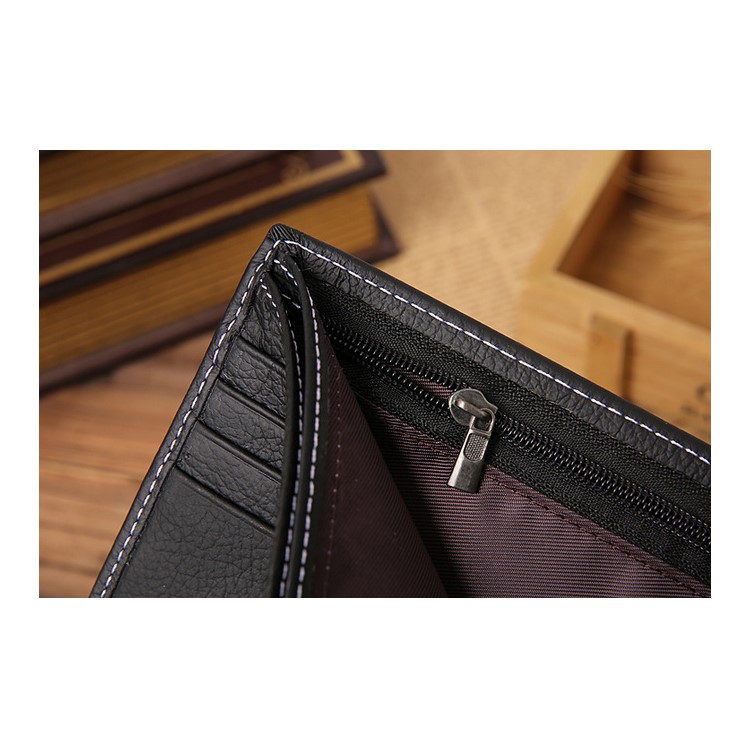 Men's Bi-fold Litchi Skin Cowhide Leather Wallet Purse - Black-8