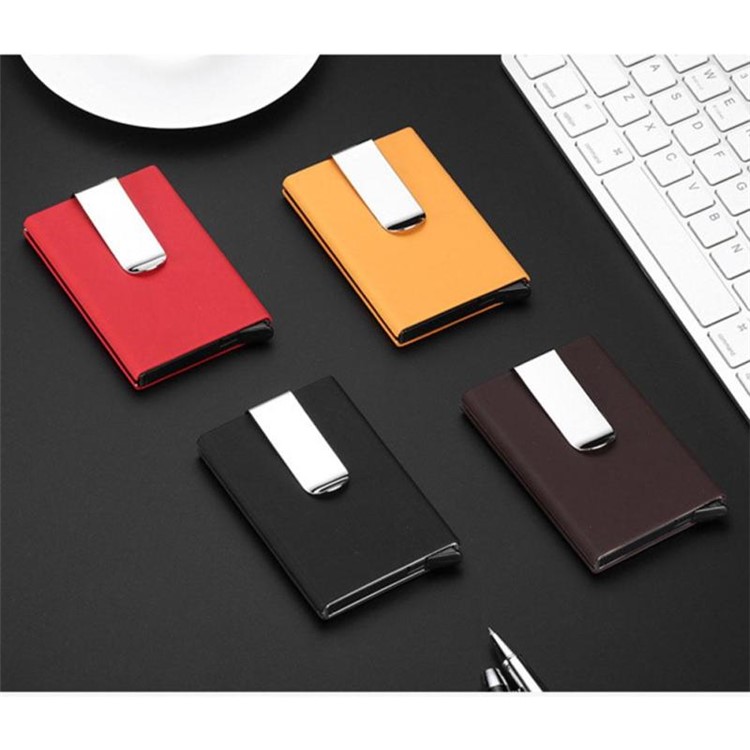 Aluminum Leather Pop-up Card Holder RFID Blocking Credit Card Holder Case with Money Clip - Red-2