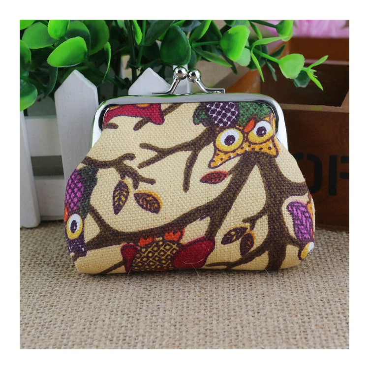 Estilo clássico das meninas Cute Owl Pattern Canvas Buckle Coin Wallet Purse - cáqui-1