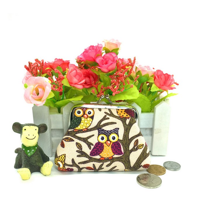 Estilo clássico das meninas Cute Owl Pattern Canvas Buckle Coin Wallet Purse - cáqui-2