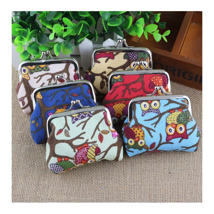 Estilo clássico das meninas Cute Owl Pattern Canvas Buckle Coin Wallet Purse - cáqui-3