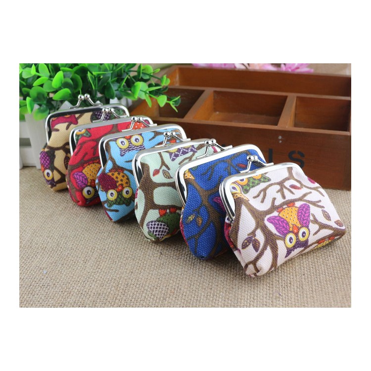 Estilo clássico das meninas Cute Owl Pattern Canvas Buckle Coin Wallet Purse - cáqui-4