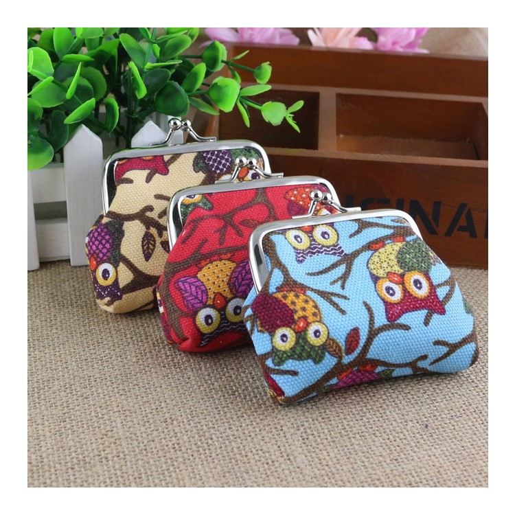 Estilo clássico das meninas Cute Owl Pattern Canvas Buckle Coin Wallet Purse - cáqui-5