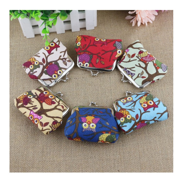 Estilo clássico das meninas Cute Owl Pattern Canvas Buckle Coin Wallet Purse - cáqui-6