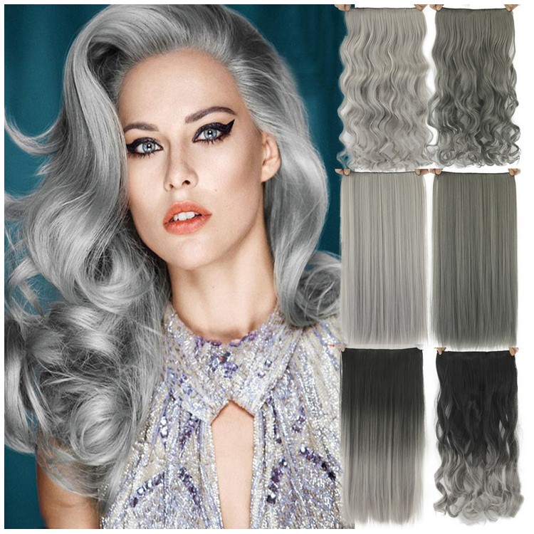 Long One Piece Clip in Hair Extensions Seamless Synthetic Hairpiece for Women - Light Grey / Curly-2