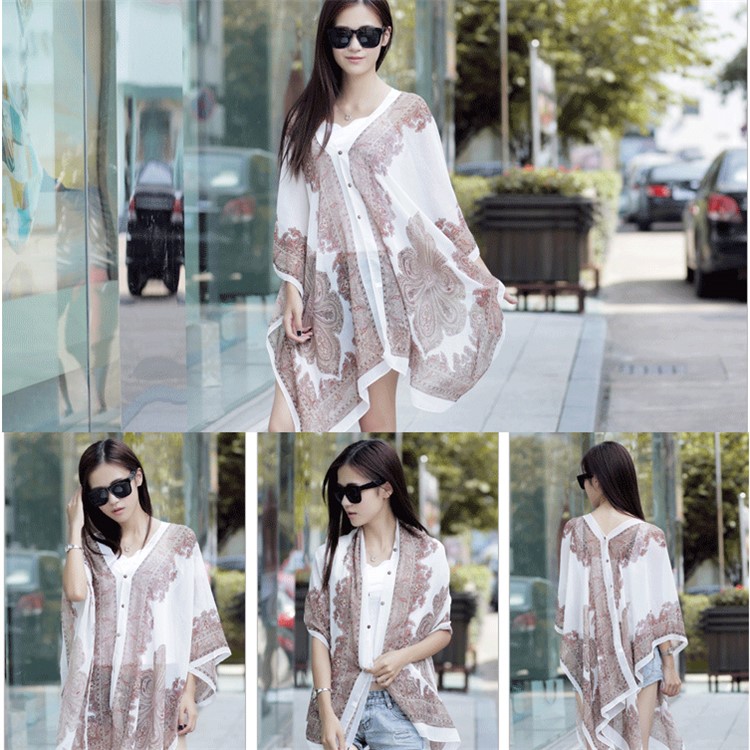 Women's Cashew Flowers Summer Tops Summer Sunscreen Chiffon Beach Scarf Cover Ups - White-1