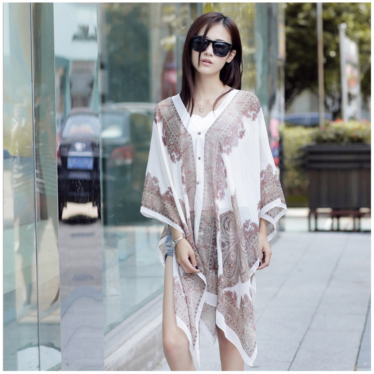 Women's Cashew Flowers Summer Tops Summer Sunscreen Chiffon Beach Scarf Cover Ups - White-2