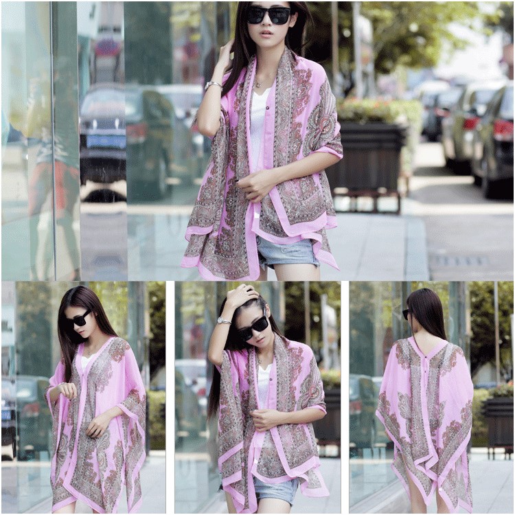 Women's Cashew Flowers Summer Tops Summer Sunscreen Chiffon Beach Scarf Cover Ups - Pink-1