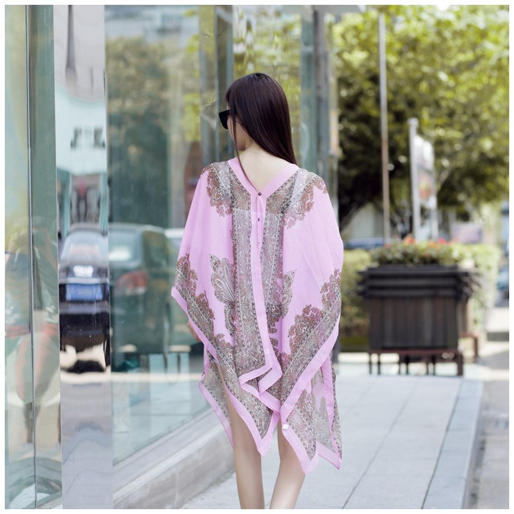 Women's Cashew Flowers Summer Tops Summer Sunscreen Chiffon Beach Scarf Cover Ups - Pink-2