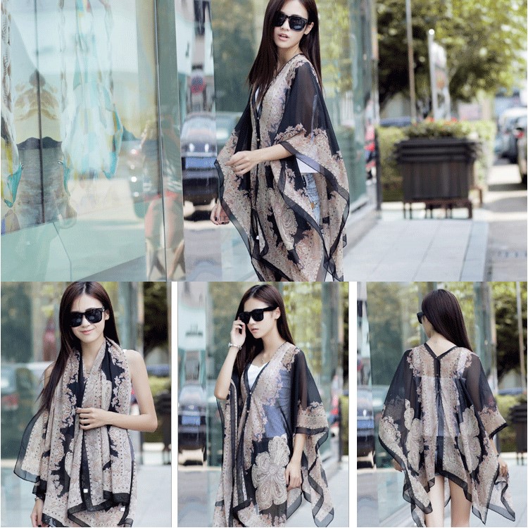 Women's Cashew Flowers Summer Tops Summer Sunscreen Chiffon Beach Scarf Cover Ups - Black-1