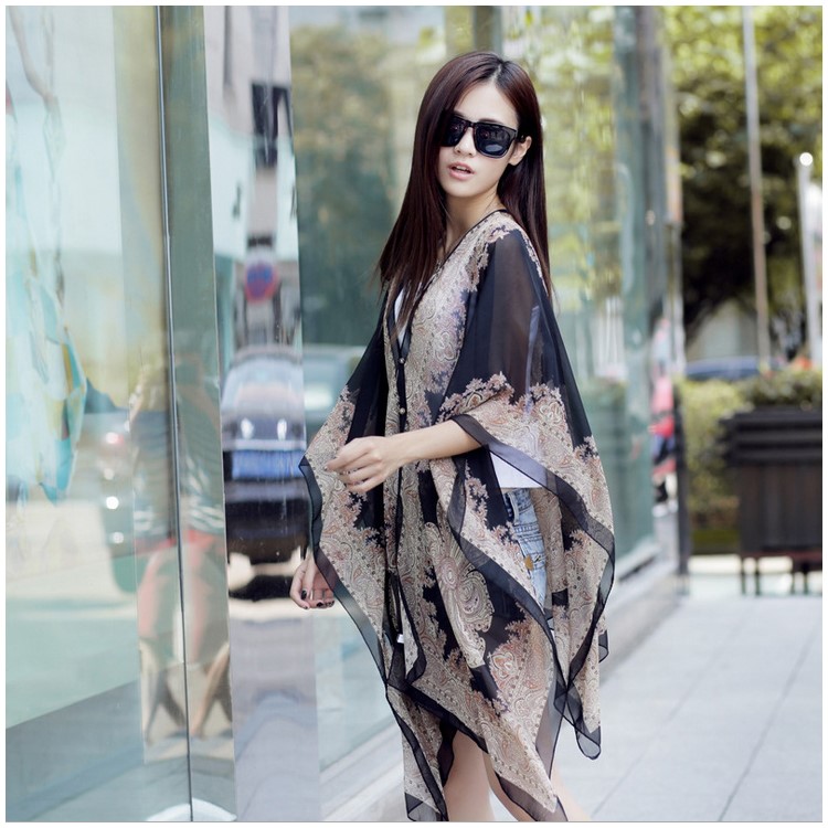 Women's Cashew Flowers Summer Tops Summer Sunscreen Chiffon Beach Scarf Cover Ups - Black-2