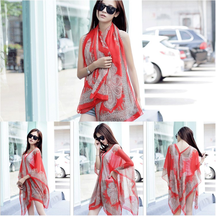 Women's Cashew Flowers Summer Tops Summer Sunscreen Chiffon Beach Scarf Cover Ups - Red-1