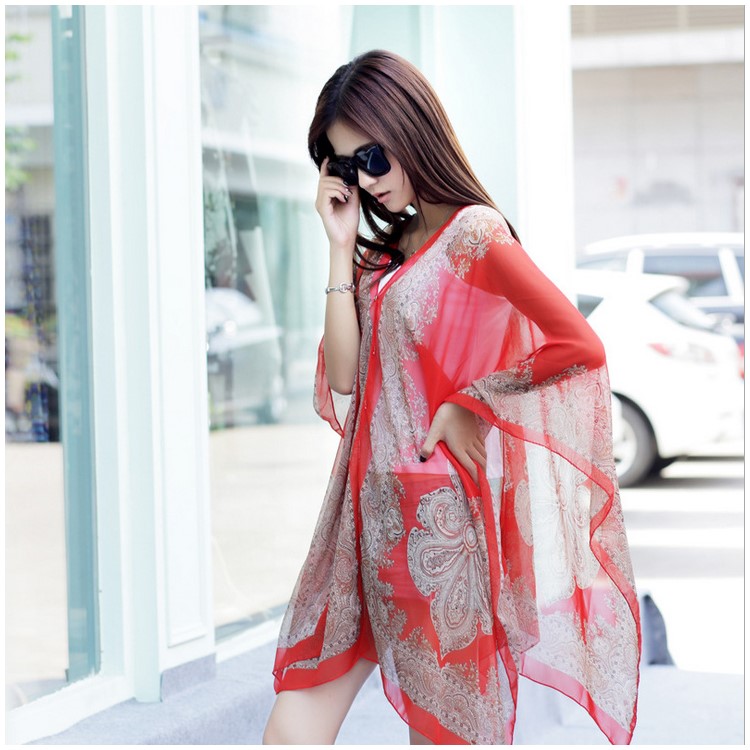 Women's Cashew Flowers Summer Tops Summer Sunscreen Chiffon Beach Scarf Cover Ups - Red-2