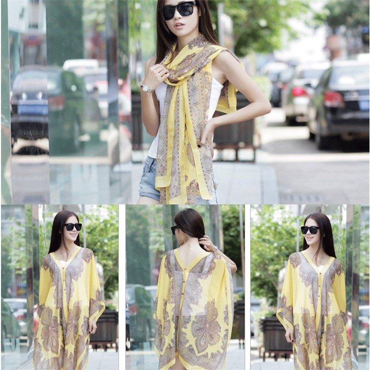 Women's Cashew Flowers Summer Tops Summer Sunscreen Chiffon Beach Scarf Cover Ups - Yellow-1