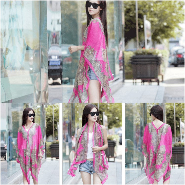 Women's Cashew Flowers Summer Tops Summer Sunscreen Chiffon Beach Scarf Cover Ups - Rose-1