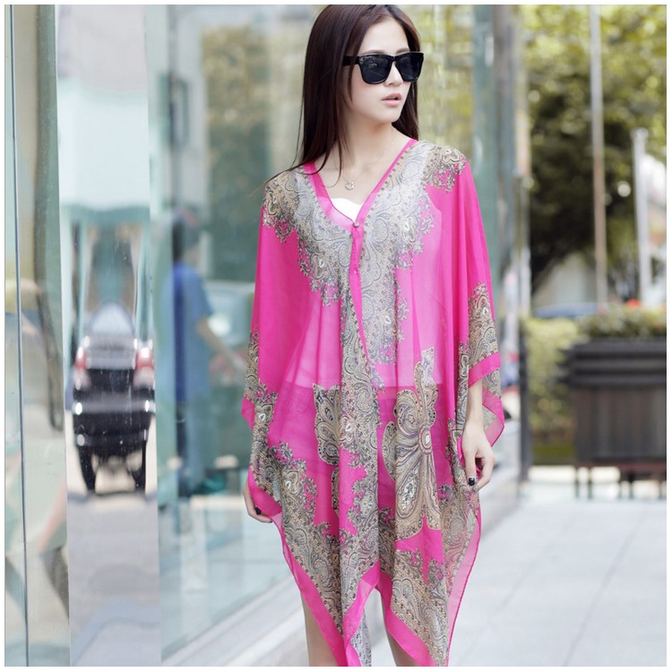 Women's Cashew Flowers Summer Tops Summer Sunscreen Chiffon Beach Scarf Cover Ups - Rose-2