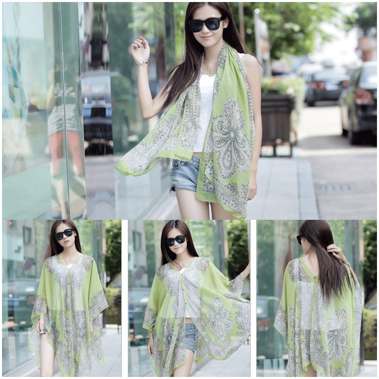 Women's Cashew Flowers Summer Tops Summer Sunscreen Chiffon Beach Scarf Cover Ups - Green-1