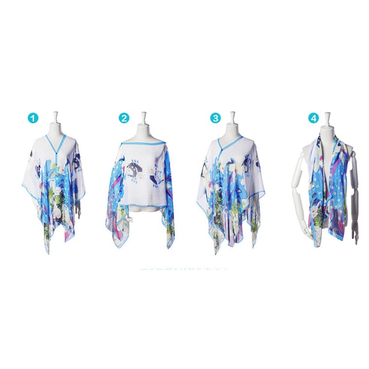 Women's Cashew Flowers Summer Tops Summer Sunscreen Chiffon Beach Scarf Cover Ups - Blue-3