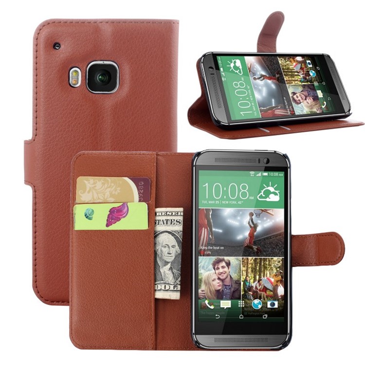 Litchi Grain Wallet Leather Cover for HTC One (M9) with Stand - Brown-4