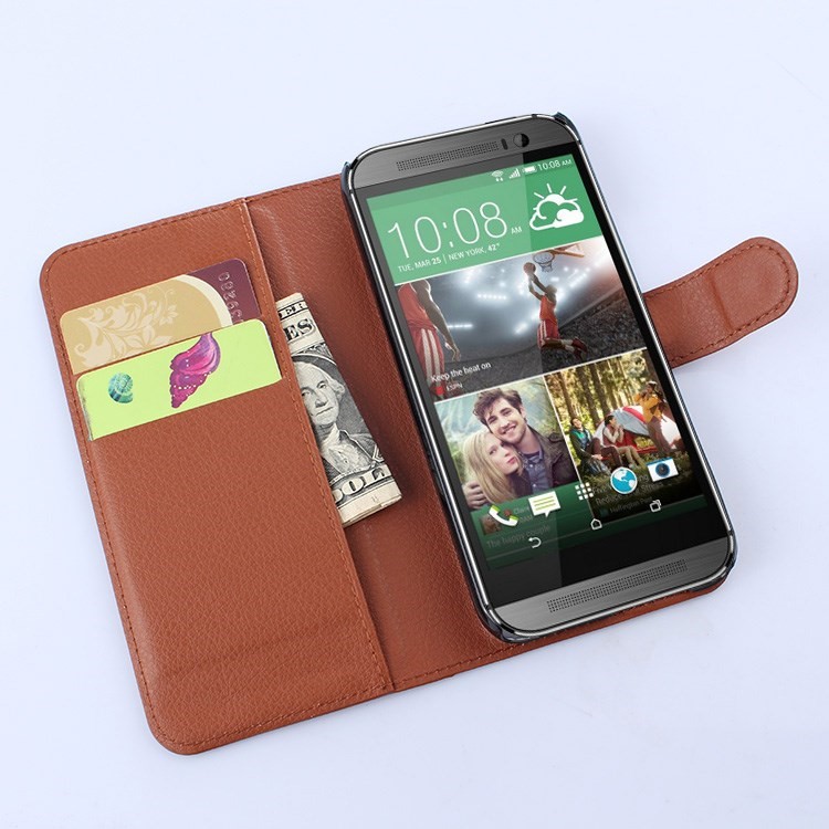 Litchi Grain Wallet Leather Cover for HTC One (M9) with Stand - Brown-5