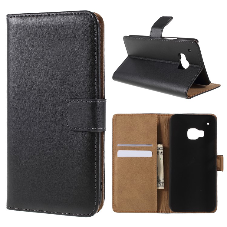Genuine Leather Wallet Cover Stand for HTC One M9 - Black-1