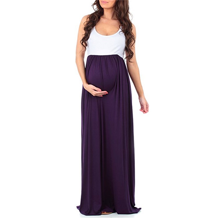 Maternity O-Neck Sleeveless Casual Loose Long Dress for Pregnant Women - Purple / Size: S-1