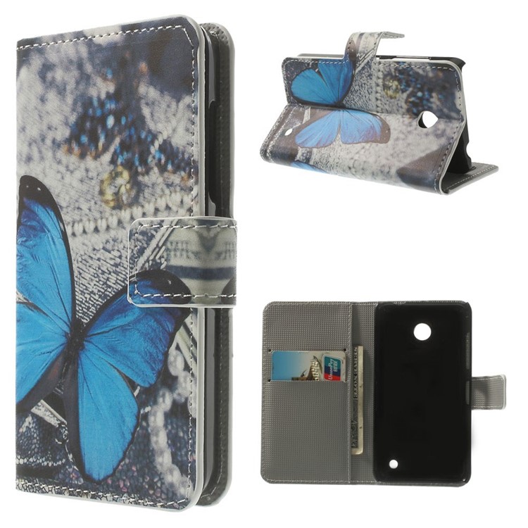 PU Leather Flip Wallet Cover para Nokia Lumia 630 / 630 Dual SIM RM-978 - azul borboleta-1
