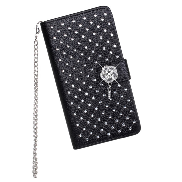 Starry Sky Rhinestone Litchi Grain Leather Stand Case for Nokia Lumia 930 / Lumia Icon 929 w/ Chain - Black-1