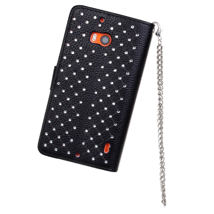 Starry Sky Rhinestone Litchi Grain Leather Stand Case for Nokia Lumia 930 / Lumia Icon 929 w/ Chain - Black-2