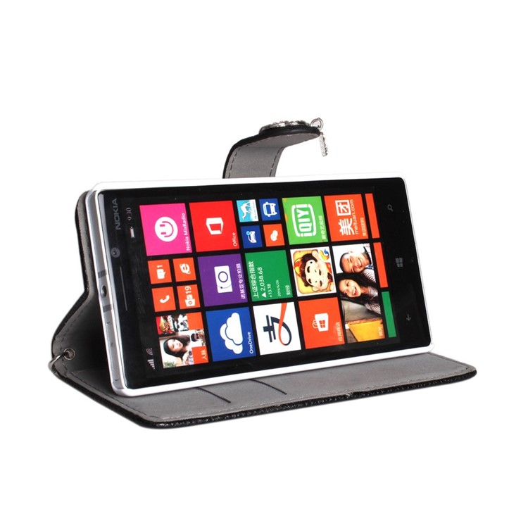Starry Sky Rhinestone Litchi Grain Leather Stand Case for Nokia Lumia 930 / Lumia Icon 929 w/ Chain - Black-3