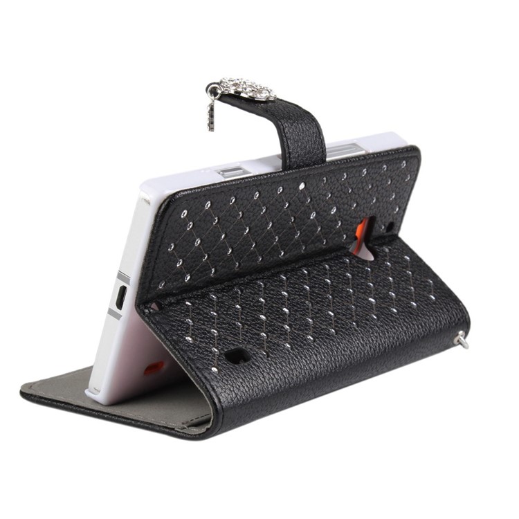 Starry Sky Rhinestone Litchi Grain Leather Stand Case for Nokia Lumia 930 / Lumia Icon 929 w/ Chain - Black-4