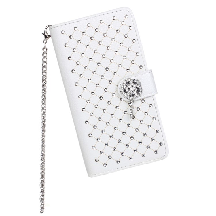 Starry Sky Rhinestone Litchi Grain Leather Stand Cover for Nokia Lumia 930 / Lumia Icon 929 w/ Chain - White-1