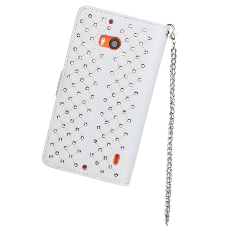 Starry Sky Rhinestone Litchi Grain Leather Stand Cover for Nokia Lumia 930 / Lumia Icon 929 w/ Chain - White-2