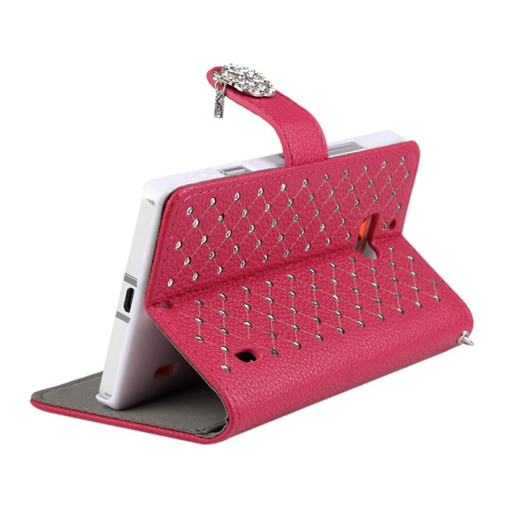 Starry Sky Rhinestone Litchi Grain Leather Stand Shell for Nokia Lumia 930 / Lumia Icon 929 w/ Chain - Rose-3