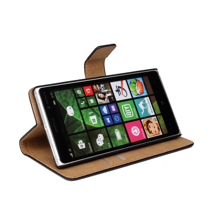Genuine Split Leather Wallet Stand Case for Nokia Lumia 830 - Black-3
