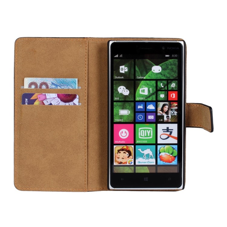 Genuine Split Leather Wallet Stand Case for Nokia Lumia 830 - Black-4
