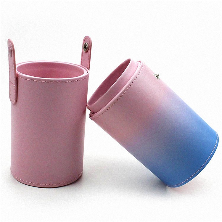 Gradient Color PU Leather Brush Holder Cosmetics Organizer Travel Toiletry Case with Snap Fasteners - Pink and Blue-1