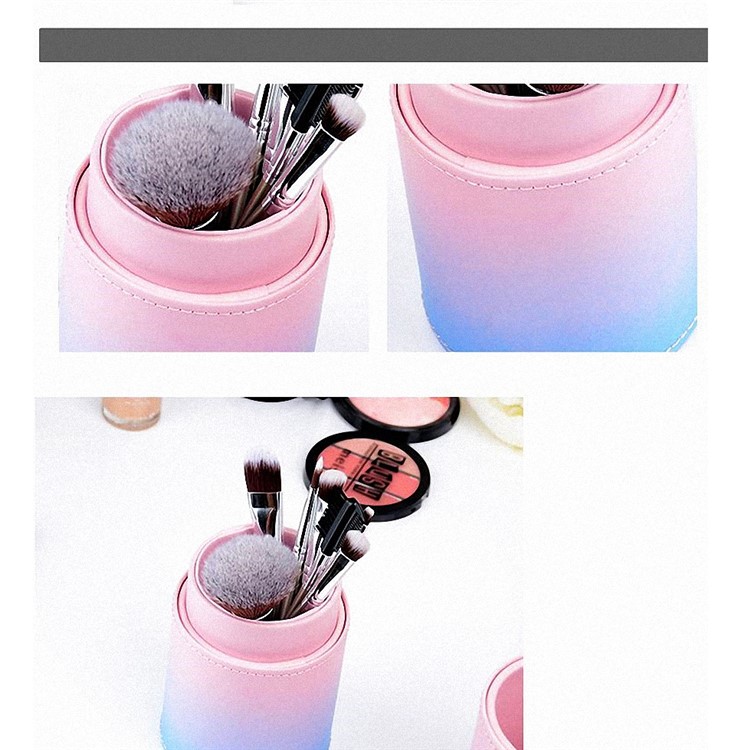 Gradient Color PU Leather Brush Holder Cosmetics Organizer Travel Toiletry Case with Snap Fasteners - Pink and Blue-12