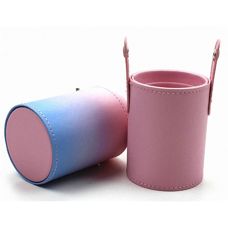 Gradient Color PU Leather Brush Holder Cosmetics Organizer Travel Toiletry Case with Snap Fasteners - Pink and Blue-3