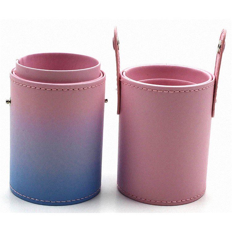 Gradient Color PU Leather Brush Holder Cosmetics Organizer Travel Toiletry Case with Snap Fasteners - Pink and Blue-4